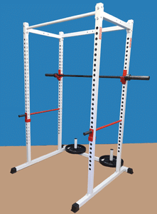 NYB POWER RACK WITH WHITE CHIN-UP BAR, RED J HOOKS AND RED SAFETY BARS