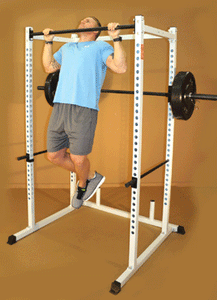 NYB POWER RACK WITH WHITE CHIN-UP BAR, RED J HOOKS AND RED SAFETY BARS