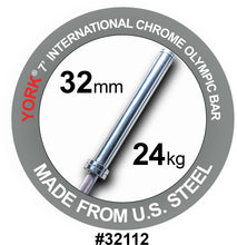 Load image into Gallery viewer, YORK 7′ International Chrome 2000 LB POWER Olympic Bar – 32mm