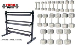 YORK CANADA DUMBBELL SET 5-50lb Cast Iron Hex Dumbbells With Deluxe 3 Tier Rack